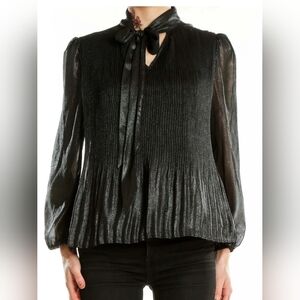 Nanette Lepore Black Shimmering Pleated Tie-Neck Blouse Whimsy Goth Size Medium